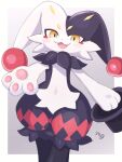  :3 absurdres animal_hands blush_stickers border cat_paws commentary_request dupin_(palworld) feet_out_of_frame grey_background happy hat highres holding holding_unworn_clothes holding_unworn_hat looking_at_viewer minousu_(mortarmoth) no_humans open_mouth outstretched_hand palworld signature simple_background standing top_hat unworn_hat unworn_headwear white_border yellow_eyes 
