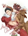  2boys abs alternate_costume antlers bell black_hair brown_eyes brown_hair chinese_commentary clenched_teeth closed_mouth commentary_request dated deer_costume fake_antlers fur_collar fur_sleeves haikyuu!! hat highres horns iwaizumi_hajime looking_at_another male_focus merry_christmas mini_hat mini_santa_hat multiple_boys neck_bell oikawa_tooru_(haikyuu!!) reindeer_antlers santa_costume santa_hat short_hair simple_background teeth toned toned_male twitter_username white_background yaoi yuan_jessie0430 