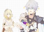  +++ ...? 1boy 1girl aglaea_(honkai:_star_rail) antenna_hair armor blonde_hair blue_eyes choker clothing_cutout commentary crossed_arms dress fingerless_gloves fish floral_print flower gloves greco-roman_clothes green_eyes grid_background hair_between_eyes hair_flower hair_ornament highres honkai:_star_rail honkai_(series) jacket jewelry ki_ii37 laurel_crown looking_at_another lower_teeth_only necklace pauldrons phainon_(honkai:_star_rail) shirt shoulder_armor single_pauldron sparkling_eyes strap tattoo teeth untranslatable_commentary white_hair 