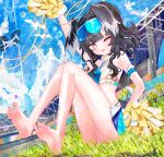  1girl :d ;d a1u absurdres animal_ears arm_up barefoot black_hair blue_archive blue_eyes blue_skirt blue_sports_bra breasts cheerleader dog_ears dog_girl dog_tail drone feet goggles goggles_on_head grass halo hibiki_(blue_archive) hibiki_(cheer_squad)_(blue_archive) highres holding holding_pom_poms knees_up looking_at_viewer millennium_cheerleader_outfit_(blue_archive) miniskirt official_alternate_costume on_ground one_eye_closed open_mouth outdoors panties pom_pom_(cheerleading) revision sitting skirt small_breasts smile soles solo sports_bra stadium tail toes underwear white_panties yellow_halo 