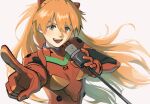  1girl :d blue_eyes bodysuit breasts commentary_request hair_ornament highres holding holding_microphone_stand long_hair looking_at_viewer mecha_pilot_suit microphone_stand neon_genesis_evangelion orange_hair plugsuit_(evangelion) pointing pointing_at_viewer reaching reaching_towards_viewer red_bodysuit simple_background small_breasts smile solo souryuu_asuka_langley sushirice_0 teeth two_side_up upper_body upper_teeth_only v-shaped_eyebrows white_background 
