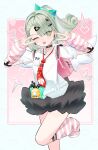  1girl :d ;d absurdres arm_warmers bag black_choker black_skirt choker commentary_request double_v earrings green_eyes green_hair green_nails hair_ornament hairclip heart highres jewelry leg_warmers looking_at_viewer musical_note_earrings necktie niyaya_88 one_eye_closed open_mouth pink_bag red_necktie shirt short_sleeves skirt smile solo standing standing_on_one_leg striped_arm_warmers striped_leg_warmers sunna_(zenless_zone_zero) v white_shirt white_wings winged_bag wings zenless_zone_zero 