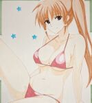  1girl bikini breasts brown_hair closed_mouth collarbone commentary_request engo_(aquawatery) full_body hair_between_eyes halterneck large_breasts long_hair looking_at_viewer lyrical_nanoha mahou_shoujo_lyrical_nanoha_strikers micro_bikini navel parted_bangs photoshop_(medium) purple_eyes red_bikini side_ponytail sideboob sidelocks simple_background sitting smile solo star_(symbol) stomach swimsuit takamachi_nanoha traditional_media underboob upper_body white_background 