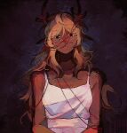  1girl antlers black_eyes blonde_hair commentary deer_antlers deer_girl deltarune dress english_commentary expressionless freckles furry furry_female highres horns long_hair nebbeli noelle_holiday sleeveless sleeveless_dress solo string string_of_fate utdr_(toby_fox) white_dress 