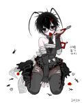  1girl absurdres ahoge ant ant_girl antennae arm_warmers arthropod_girl bags_under_eyes bandaged_arm bandaged_chest bandages bare_shoulders between_legs black-framed_eyewear black_arm_warmers black_dress black_eyes black_gloves black_hair black_leg_warmers black_necktie black_pantyhose black_shoes black_thighhighs bug claws commentary detached_collar dot_nose dress fingerless_gloves food food_in_mouth frilled_dress frills fruit gloves hair_ornament hairclip hand_between_own_legs highres holding kichiko_(ryu10855) korean_text leg_warmers mole mole_under_eye necktie original pantyhose semi-rimless_eyewear shoes simple_background sitting skindentation solo strawberry thighhighs thighhighs_over_pantyhose tooth torn_clothes torn_pantyhose translation_request untranslatable_commentary wariza white_background 