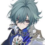  1boy armor belt belt_collar black_belt blue_shirt choker coat collar collared_shirt ear_piercing earrings genshin_impact green_hair hair_between_eyes hair_intakes jewelry lllliillilliil lohen_(genshin_impact) long_sleeves looking_at_viewer male_focus mole mole_under_eye multicolored_eyes piercing shirt short_hair shoulder_armor single_earring smile solo twitter_username upper_body white_background 