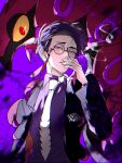  1boy black_jacket cigarette collared_shirt colored_sclera commentary_request corbeau_(pokemon) highres holding holding_cigarette jacket looking_at_viewer necktie pokemon pokemon_(creature) pokemon_legends:_z-a purple_hair purple_shirt red_eyes round_eyewear scolipede shirt short_hair sinm_i smoking standing upper_body white_necktie yellow_eyes yellow_sclera 
