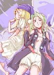  amoretta_virgine atsushi_miyaji blonde_hair closed_eyes green_hair grimgrimoire hat lillet_blan long_hair multiple_girls night_clothes sketch sleeping 