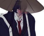  1boy bamboo-hatted_kim black_jacket blue_coat blue_hair brown_hat closed_mouth coat collared_shirt hahellbus hat jacket lapels limbus_company low_ponytail necktie notched_lapels open_clothes open_coat ponytail project_moon red_necktie rice_hat shirt simple_background smile solo upper_body white_background white_eyes white_shirt 