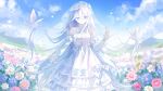  1girl bird blue_eyes blue_sky breasts bridal_veil closed_mouth cloud cloudy_sky commentary cowboy_shot day detached_sleeves dress dress_flower falling_petals field flower flower_field flower_request frilled_dress frills hair_between_eyes hair_flower hair_lift hair_ornament hand_up highres holding_own_dress huazeshi juliet_sleeves long_bangs long_hair long_sidelocks long_sleeves looking_at_viewer neck_ribbon official_alternate_costume outdoors petals print_dress print_veil project_sekai puffy_sleeves ribbon saihate_e_to_tobu_kimi_e_(project_sekai) see-through_clothes see-through_veil sidelocks sky sleeveless sleeveless_dress small_breasts smile solo untranslatable_commentary veil very_long_hair wedding_dress white_bird white_dress white_flower white_hair white_ribbon white_sleeves yoisaki_kanade 