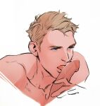  2boys blonde_hair blue_eyes bucky_barnes captain_america_(series) collarbone cropped_shoulders fellatio licking licking_penis male_focus marvel multiple_boys nude oral out_of_frame parted_hair penis pov pov_crotch saliva short_hair short_sideburns sideburns simple_background steve_rogers unfinished white_background yaoi yummyman 
