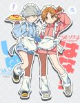  ! 2boys alternate_costume apron blue_bow blue_track_suit blush bow brown_eyes brown_hair closed_mouth commentary_request copyright_name crossdressing crossdressing_(mtf) food food-themed_hair_ornament frilled_apron frills frown full_body grey_background grey_eyes grey_hair grid_background hair_ornament hanamura_yousuke heart highres holding holding_food jersey_maid kneehighs korean_commentary korean_text long_sleeves looking_at_viewer loose_socks maid maid_apron maid_headdress male_focus multiple_boys narukami_yu nt_26 omelet omurice open_mouth persona persona_4 pink_track_suit plate shoes short_hair shorts side_ponytail simple_background socks spoken_exclamation_mark spoken_sweatdrop standing strawberry_hair_ornament sweatdrop track_suit translation_request unconventional_maid white_apron white_socks 