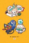  ball blush blush_stickers bow bowtie clapping closed_eyes commentary english_commentary english_flag english_text fang green_bow green_bowtie hands_on_own_hips happy highres holding holding_scissors litten measuring multiple_views needle one_eye_closed open_mouth pin pokemon pokemon_(creature) pokemon_focus popplio proud rcitizen4 red_eyes rowlet scissors sewing sewing_needle simple_background soccer_ball tape_measure thread tongue watermark yawning yellow_background 