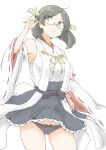  1girl akara_kai black_hair black_panties black_skirt brown_eyes detached_sleeves glasses green-framed_eyewear hakama hakama_skirt headgear highres index_finger_raised japanese_clothes kantai_collection kirishima_(kancolle) nontraditional_miko panties ribbon-trimmed_sleeves ribbon_trim short_hair skirt solo underwear wind wind_lift 