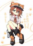  1girl :t acchi_kocchi_shiikuin_taiken!_(project_sekai) animal_ear_headwear bare_arms black_gloves braid breast_pocket breasts brown_hair collared_shirt crossed_bangs cuffs diagonal-striped_ribbon gloves grey_eyes grid_background hair_between_eyes hanasato_minori handcuffs hat hat_with_ears highres kinoshita_shou knees_up looking_at_viewer medium_breasts medium_hair neck_ribbon official_alternate_costume orange_hat orange_ribbon orange_shoes orange_shorts peaked_cap pocket police_hat pout project_sekai ribbon shirt shoes short_sleeves shorts side_braid simple_background sitting solo translation_request white_background white_shirt 