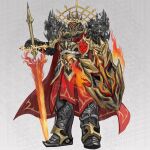  1boy absurdres armor armored_boots black_armor boots borrowed_character cape commentary_request facing_viewer fire flaming_sword flaming_weapon full_armor full_body gauntlets greatsword grey_background helmet highres holding holding_shield holding_sword holding_weapon male_focus original pauldrons red_cape shield shoulder_armor solo sword weapon yitai_zhi_meng 