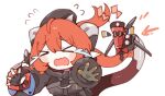 >_< 1girl 1other asymmetrical_gloves black_hat black_horns closed_eyes commentary_request crying curled_horns dragon_girl dragon_horns fingerless_gloves gloves hair_between_eyes hat horns long_hair magus_(zenless_zone_zero) mechanical_horns mechanical_tail mismatched_gloves open_mouth orange_hair orphie_magnusson pachikuri_(udon_zaru) pointy_ears shirt simple_background single_fingerless_glove tail tears twintails upper_body white_shirt yellow_gloves zenless_zone_zero 
