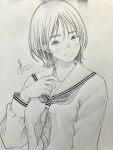  1girl arm_at_side blush closed_mouth commentary_request greyscale hand_up highres looking_at_viewer monochrome neckerchief original pen_(medium) photo_(medium) sailor_collar sailor_shirt school_uniform shirt short_hair signature smile solo traditional_media upper_body wispy_bangs yoshimizm 