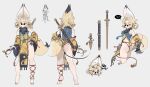  1girl absurdres animal_ears ass bare_legs barefoot blonde_hair chinese_clothes chinese_commentary closed_mouth clothing_request commentary_request dated_commentary eflo_(794753336) fang fox_ears fox_tail from_behind hand_on_own_hip highres leg_wrap looking_at_viewer looking_back multiple_views open_mouth original parted_lips red_eyes reference_sheet short_hair sleeveless speech_bubble standing sunglasses tail 