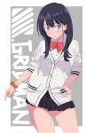  1girl arms_at_sides bare_legs black_hair black_skirt blue_eyes blush bow cardigan closed_mouth collared_shirt commentary_request english_text gradient_eyes grey_background gridman_universe gridman_universe_(movie) highres long_hair long_sleeves looking_at_viewer miniskirt multicolored_eyes orange_scrunchie pink_eyes red_bow scrunchie shirt skirt sleeves_rolled_up smile solo ssss.gridman takarada_rikka thick_thighs thighs thumb_in_pocket umayer white_cardigan white_shirt wrist_scrunchie 