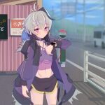  1girl absurdres arm_at_side backpack bag black_shorts blue_bag blurry blurry_background checking_watch closed_mouth coat commentary cowboy_shot dot_mouth dot_nose flower_(gynoid_talk) flower_(vocaloid) fur-trimmed_coat fur_trim gynoid_talk highres kokodoko_(g_kkdk) medium_hair midriff motor_vehicle multicolored_hair navel outdoors power_lines purple_coat purple_shirt purple_streaks road road_sign see-through_clothes see-through_shirt shirt short_shorts shorts sign solo standing streaked_hair utility_pole van vocaloid waiting watch white_hair wristwatch 