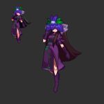  1girl amethy_(19833275) black_hair boots chinese_commentary commentary_request dress elbow_gloves flower flower_on_head full_body gloves long_hair long_sidelocks pixel_art puffy_short_sleeves puffy_sleeves purple_boots purple_dress purple_gloves short_sleeves sidelocks solo touhou veil yomotsu_hisami 
