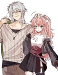  1boy 1girl artist_request black_skirt breasts cleavage cleavage_cutout closed_mouth clothing_cutout collarbone commentary commission crow_armbrust dog_tags double-parted_bangs eiyuu_densetsu english_commentary fur-trimmed_jacket fur_trim green_eyes green_jacket grey_shirt hair_between_eyes high_side_ponytail highres holding holding_unworn_clothes holding_unworn_jacket jacket kai_no_kiseki kuro_no_kiseki_(series) light_frown long_sidelocks long_sleeves medium_breasts mullet oc_x_canon one_eye_closed original parted_lips pink_hair red_eyes second-party_source shirt short_hair side_ponytail sidelocks simple_background skirt smile tsurime unworn_jacket upper_body v-shaped_eyebrows white_background white_hair 