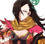  1girl braid breasts brown_eyes brown_hair butterfly_hair_ornament cleavage cleavage_cutout closed_mouth clothing_cutout commentary curtained_hair english_commentary fire_emblem fire_emblem_fates fire_emblem_heroes food_print fruit_print hair_ornament hair_over_one_eye holding holding_kunai holding_weapon kagero_(fire_emblem) kagero_(resplendent)_(fire_emblem) kunai large_breasts long_hair looking_at_viewer official_alternate_costume one_eye_covered parted_bangs partially_shaded_face ponytail rem_(eyes_410) scarf simple_background solo upper_body watermelon_print weapon white_background yellow_scarf 
