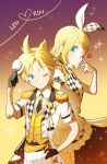  1boy 1girl absurdres adjusting_clothes adjusting_headwear antenna_hair black_gloves black_necktie blonde_hair blue_eyes blush bon_bon_eee bow bow_hairband character_name collared_shirt commentary cowboy_shot epaulettes from_side gloves gradient_background hairband hat heart highres jacket kagamine_len kagamine_rin looking_at_viewer medium_hair mini_hat more_more_jump!_len more_more_jump!_rin necktie one_eye_closed pants parted_bangs ponytail project_sekai purple_background shirt short_hair short_ponytail sidelocks smile sparkle v vest vocaloid white_bow white_hairband white_jacket white_pants white_shirt yellow_background yellow_vest 