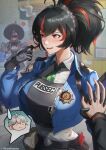  1boy 2girls absurdres anger_vein badge black_gloves blue_necktie checkered_necktie commentary gloves green_necktie hairband highres holding_hands jealous kramellwastaken metal_hairband multicolored_hair multiple_girls necktie neps_badge_(zenless_zone_zero) police police_badge police_uniform policewoman ponytail raised_inner_eyebrows red_hair red_streaks shaded_face streaked_hair vivian_banshee wise_(zenless_zone_zero) zenless_zone_zero zhu_yuan 