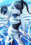  1girl arm_at_side belt black_hair black_shirt blue_nails boots braid braided_ponytail breasts closed_mouth commentary cropped_shirt detached_sleeves dot_nose four-pointed_star grey_belt grey_eyes hair_ornament hand_up highres holding holding_megaphone hoshino_ichika_(project_sekai) knee_boots long_hair looking_at_viewer megaphone midriff nail_polish official_alternate_costume official_alternate_hairstyle ponytail project_sekai shirt shorts sidelocks single_bare_arm single_detached_sleeve sleeveless sleeveless_shirt small_breasts smile solo standing star_(symbol) star_hair_ornament swept_bangs two-tone_shirt white_boots white_shirt white_shorts white_sleeves yakusoku_no_passerelle_(project_sekai) yoa428 