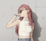  1girl armpits ayatsumugi_roka bracelet cho_kaguya-hime! commentary_request jewelry lagetama long_hair midriff necklace pink_hair ribbed_shirt shadow shirt sleeveless sleeveless_shirt solo sunglasses upper_body 