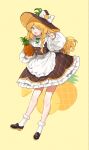  1girl :d ;d alternate_costume apron bad_id bad_twitter_id blonde_hair bow bowtie braid brown_hat brown_shoes brown_skirt brown_vest commentary_request food fruit full_body green_bow green_bowtie hair_bow hat hat_bow highres holding holding_food holding_fruit kirisame_marisa long_hair long_sleeves looking_at_viewer one_eye_closed open_mouth pineapple sarukana shirt shoes side_braid simple_background single_braid skirt smile socks solo touhou v very_long_hair vest waist_apron white_apron white_bow white_shirt white_socks witch_hat yellow_background yellow_eyes 