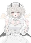  1girl apron belt black_eyes black_horns black_wings blonde_hair blunt_bangs breasts cleavage collar commentary demon_horns demon_wings detached_collar detached_sleeves dress frilled_collar frilled_headband frills grey_trim hair_ornament hairclip hands_up highres horns long_sleeves low_wings medium_breasts necktie original short_necktie skull_ornament solo striped_blush tearing_up teeth tongue tongue_out two_side_up upper_body upper_teeth_only wabun waist_apron white_background white_belt white_collar white_dress white_necktie wings 