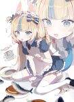  1girl ^^^ absurdres ahoge alternate_costume animal_ear_fluff animal_ears apron blonde_hair bloomers blue_bow blue_bowtie blue_dress blue_eyes blue_streaks blunt_bangs blush bow bowtie cat_ears cat_girl collared_dress commentary_request dress fins fish fish_girl fish_tail flustered food frilled_cuffs frilled_dress frills full_body gwi_dong_nyang halo hand_up highres indie_virtual_youtuber korean_commentary lifebuoy_hair_ornament long_hair low_twintails maid maid_apron maid_headdress motion_blur multicolored_hair nervous_sweating one_side_up pale_colors pancake pancake_stack paper_boat puffy_short_sleeves puffy_sleeves sameko_saba short_eyebrows short_sleeves sidelocks simple_background sitting solo streaked_hair striped_bow sweat sweatdrop tail thighhighs thumbs_up twintails v-shaped_eyebrows very_long_hair virtual_youtuber wariza white_background white_bloomers white_thighhighs winged_halo wrist_cuffs zoom_layer 