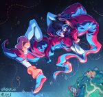  1girl :o artist_name asymmetrical_gloves black_hair blue_sky blush circus circus_tent colored_skin commentary ellie_lotus gloves hair_over_one_eye hat highres jester jester_cap jester_costume mismatched_gloves multicolored_eyes multicolored_hat night planet pointy_shoes pomni_(the_amazing_digital_circus) sky solo striped_clothes striped_headwear the_amazing_digital_circus two-tone_eyes two-tone_hat vertical-striped_clothes vertical-striped_headwear white_skin 