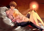  bad_id bad_pixiv_id barefoot bed blonde_hair bracelet brown_eyes brown_hair command_spell fate/zero fate_(series) gilgamesh jewelry kotomine_kirei loincloth male_focus multiple_boys on_bed red_eyes shirtless wingtemple yaoi 