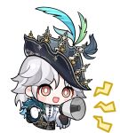  1girl androgynous artist_request asymmetrical_gloves asymmetrical_sleeves belt belt_buckle black_belt black_gloves black_hat black_pants black_skirt blue_capelet blush_stickers bright_pupils brown_eyes buckle capelet chibi collared_shirt cropped_legs crossdressing crossdressing_(ftm) eyes_visible_through_hair fur-trimmed_sleeves fur_capelet fur_trim gloves gold_buckle happy hat hat_feather high-waist_pants high-waist_skirt high_collar holding holding_megaphone infinity_nikki long_hair looking_ahead megaphone mismatched_gloves mismatched_sleeves nikki_(series) official_art open_mouth pants parted_bangs pirate_hat shirt shout_lines shouting showgirl_skirt side_capelet skirt smile solo steps_against_order_(infinity_nikki) sticker_(medium) tareme transparent_background v-shaped_eyebrows white_gloves white_hair white_pupils white_shirt 