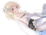  1girl back bare_shoulders blonde_hair blush closed_mouth commentary cowboy_shot dress dutch_angle elbow_gloves flower from_behind genshin_impact gloves hair_flower hair_ornament highres lily_(flower) looking_at_viewer looking_back lumine_(genshin_impact) mtmosphere short_hair_with_long_locks simple_background sleeveless sleeveless_dress smile solo white_background white_dress white_flower white_gloves yellow_eyes 