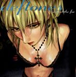  1girl amane_misa black_background black_bra blonde_hair bra close-up closed_mouth cross cross_earrings cross_necklace death_note deftones_(band) earrings from_above jewelry lace-trimmed_bra lace_trim necklace ptviel solo underwear 