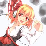  :d \m/ bad_id bad_pixiv_id blonde_hair blush fang gennsuikyou hair_ribbon headphones long_sleeves open_clothes open_mouth open_shirt red_eyes ribbon rumia shirt short_hair smile solo touhou undone 