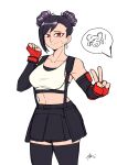  ! 1girl absurdres alternate_hairstyle bare_shoulders black_hair black_skirt black_sleeves black_thighhighs blush breasts chun-li closed_mouth collarbone commentary corviwing cowboy_shot crop_top detached_sleeves double_bun earrings english_commentary final_fantasy final_fantasy_vii final_fantasy_vii_remake fingerless_gloves gloves hair_bun highres jewelry large_breasts long_hair looking_at_viewer midriff miniskirt out_of_frame red_eyes red_gloves signature simple_background single_sidelock skirt smile speech_bubble spoken_character street_fighter street_fighter_6 suspender_skirt suspenders sweatdrop tank_top teardrop_earrings thighhighs tifa_lockhart v white_background white_tank_top zettai_ryouiki 