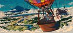  2girls above_clouds absurdres aircraft aqua_shirt artdroiiid_ii black_hair black_skirt blue_sky brown_hair cloud commentary day english_commentary floating_hair highres hot_air_balloon lake landscape ligne_claire long_hair long_sleeves looking_to_the_side mountain multiple_girls neckerchief open_mouth orange_neckerchief original outdoors profile red_neckerchief river scenery school_uniform serafuku shirt short_hair short_sleeves skirt sky smile standing summer undershirt white_shirt 