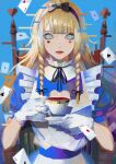  1girl absurdres apron aqua_eyes black_hairband black_ribbon blonde_hair blue_background blue_dress blunt_bangs bow_hairband braid braided_sidelocks card chair closed_mouth commentary cup dress facial_tattoo film_grain floating_card frilled_apron frills gloves hair_ribbon hairband hands_up heart heart_tattoo highres holding holding_cup holding_saucer long_hair looking_at_viewer maid_apron neck_ribbon original playing_card puffy_short_sleeves puffy_sleeves red_lips ribbon saucer short_sleeves sidelocks simple_background sitting sleeve_cuffs solo syakemayusan tattoo teacup upper_body white_apron white_gloves 