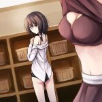  2girls black_bra black_panties bra breast_conscious breasts brown_eyes brown_hair cleavage commentary_request fumei_(mugendai) long_sleeves looking_back maribel_hearn medium_breasts multiple_girls navel no_pants off_shoulder own_hands_together panties purple_bra purple_shirt purple_skirt shirt skirt standing sweatdrop touhou underwear undressing usami_renko white_shirt 
