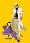  1boy 1girl aged_down black_shirt brown_dress coat commentary_request diamond_wa_kudakenai dress father_and_child father_and_daughter hat highres holding_hands jojo_no_kimyou_na_bouken korean_commentary kujo_jolyne kujo_jotaro long_coat nul open_clothes open_vest parent_and_child peaked_cap purple_vest shirt stone_ocean vest white_coat white_hat 