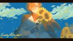  1boy absurdres bandana bandana_around_neck black_gloves blue_sky brown_jacket cloud commentary_request danganronpa:_despair_time english_text eyepatch falling_petals field fingerless_gloves floating_clothes flower flower_field gloves hair_over_one_eye highres holding holding_flower jacket jacket_on_shoulders letterboxed light_smile nine0nana petals red_bandana red_hair shirt short_hair sky sleeves_rolled_up solo sunflower sunflower_field sunlight white_shirt wind xander_matthews yellow_eyes yellow_flower yellow_petals 