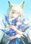  1girl 1other absurdres amiya_(arknights) animal_ear_fluff animal_ears arknights black_gloves blue_flower blue_ribbon bouquet cat_ears cat_girl chinese_commentary closed_mouth commentary_request doctor_(arknights) flower gloves green_eyes highres holding holding_bouquet kal'tsit_(arknights) kal'tsit_esperanta_(arknights) long_hair looking_at_viewer pov pov_hands purple_flower qi94807751 ribbon sky solo_focus white_flower white_hair 