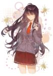  1girl absurdres breasts brown_cardigan brown_hair bug cardigan circle collared_shirt commentary_request cowboy_shot danganronpa:_despair_time eyes_visible_through_hair floating_hair hair_over_eyes highres long_hair looking_to_the_side medium_breasts min_jeung necktie nine0nana patterned_background pleated_skirt purple_eyes red_necktie red_skirt shirt skirt smile solo spider star_(symbol) tie_clip twirling_hair white_background white_shirt 