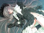  1girl 2000s_(style) black_panties blush bonnet boots coola_(en_ciel_rena) dress game_asset garter_belt gloves goth_fashion gothic_lolita grey_hair headdress kourin_tenshi_en_ciel_rena lolita_fashion long_hair lying non-web_source official_art open_mouth panties parted_lips purple_eyes saitou_natsuki self-datamine solo thighhighs torn_clothes underwear variant_set very_long_hair visual_novel_cg white_thighhighs 